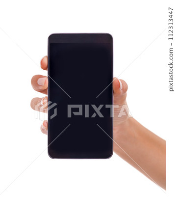 Hand, phone screen and blank in studio, display and mockup space or social media on white background. Person, tech and website or networking for marketing, app and internet or online for advertising Hand, phone screen and blank in studio, display and mockup space or social media on white background. Person, tech and website or networking for marketing, app and internet or online for advertising 112313447