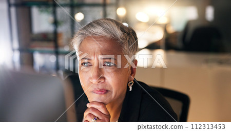 Employee, night and thinking with woman, stress and PR consultant with mistake and decision. Worry, mature person or evening with entrepreneur and choice with planning, frustrated or online reading Employee, night and thinking with woman, stress and PR consultant with mistake and decision. Worry, mature person or evening with entrepreneur and choice with planning, frustrated or online reading 112313453