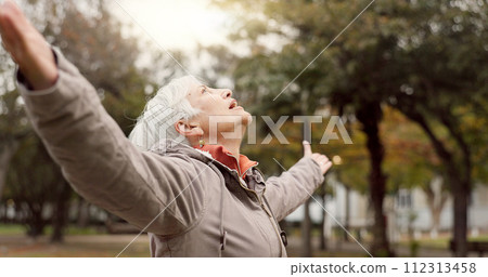 Freedom, nature and elderly woman breathing on vacation, holiday journey and winter travel. Park, fresh air and senior person outdoor for peace, calm and celebration for health, wellness and relax. Freedom, nature and elderly woman breathing on vacation, holiday journey and winter travel. Park, fresh air and senior person outdoor for peace, calm and celebration for health, wellness and relax. 112313458