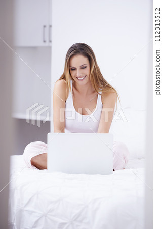 Woman, computer and relax on bed for planning, search on website and registration or streaming at home. Happy, young person in bedroom on laptop for morning news, social media update or online blog Woman, computer and relax on bed for planning, search on website and registration or streaming at home. Happy, young person in bedroom on laptop for morning news, social media update or online blog 112313512
