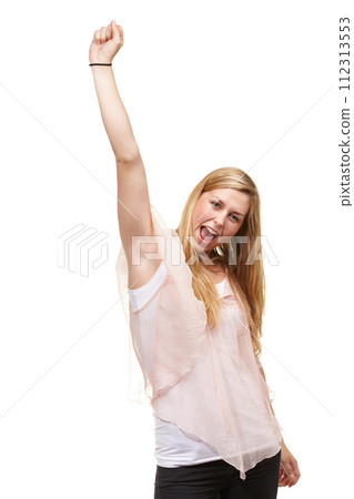 Woman, goals and fist for portrait in studio with success, winner or happy by white background. Person, girl and smile for celebration, cheers or excited for achievement, giveaway or prize in contest Woman, goals and fist for portrait in studio with success, winner or happy by white background. Person, girl and smile for celebration, cheers or excited for achievement, giveaway or prize in contest 112313553