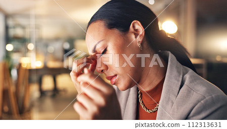Night, headache and business woman with stress working on computer in corporate company office with burnout. Overworked, frustrated and employee tired due to mistake, risk or fail on overtime project Night, headache and business woman with stress working on computer in corporate company office with burnout. Overworked, frustrated and employee tired due to mistake, risk or fail on overtime project 112313631