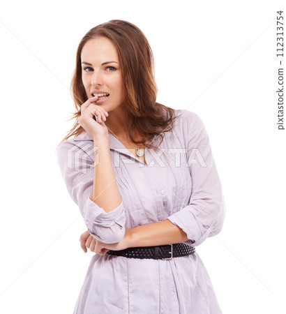 Portrait, fashion and nervous with trendy woman in studio isolated on white background for style. Thinking, anxiety or worry with young model person biting finger nail for clothes outfit decision Portrait, fashion and nervous with trendy woman in studio isolated on white background for style. Thinking, anxiety or worry with young model person biting finger nail for clothes outfit decision 112313754