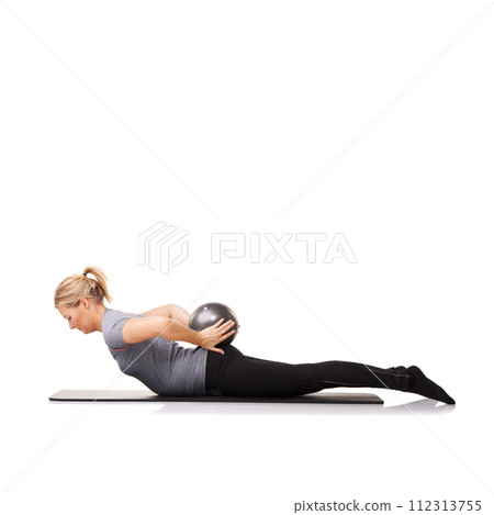 Exercise ball, fitness and woman with workout, stretching and wellness isolated on a white studio background. Person, mockup space and girl with training, healthy and breathing with balance and body Exercise ball, fitness and woman with workout, stretching and wellness isolated on a white studio background. Person, mockup space and girl with training, healthy and breathing with balance and body 112313755