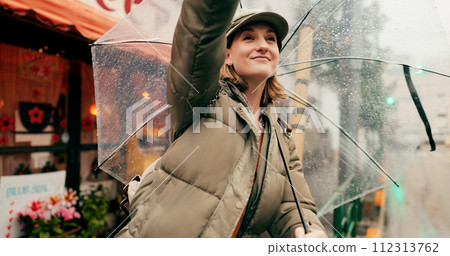 Woman, street and stop taxi with umbrella in rain, smile or winter for travel, transport or driver in city. Girl, person or tourist in metro for bus, driver or chauffeur on road with parasol in Tokyo 112313762