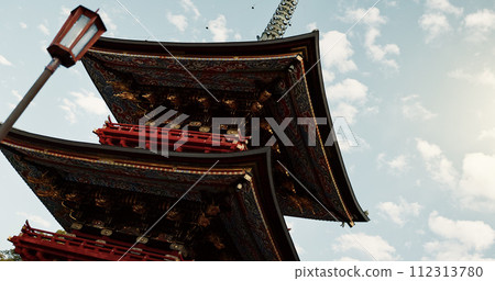 Building, architecture and Japanese temple, culture and outdoor for travel, low angle and worship. Landscape, tourism and Fushimi Inari Taisha Shrine in Kyoto, traditional landmark and pagoda 112313780