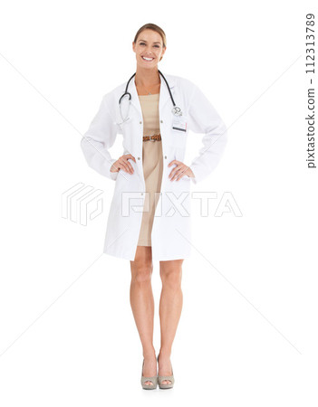 Doctor, happy woman or portrait in studio with pride or confidence in medical career as cardiologist. Full body, coat or medicine consultant with smile or healthcare isolated on white background Doctor, happy woman or portrait in studio with pride or confidence in medical career as cardiologist. Full body, coat or medicine consultant with smile or healthcare isolated on white background 112313789