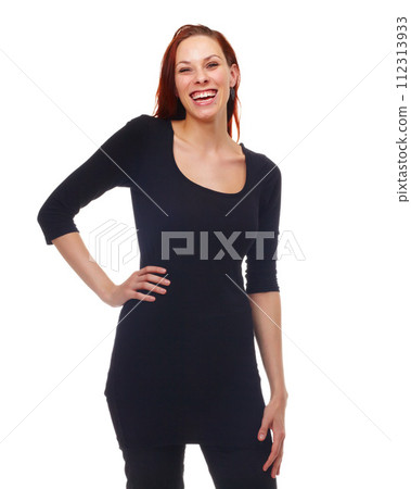 Portrait, funny and excited with woman, smile and model isolated on a white studio background. Face, person and girl with casual outfit and happiness with confidence and proud with humor and laughing Portrait, funny and excited with woman, smile and model isolated on a white studio background. Face, person and girl with casual outfit and happiness with confidence and proud with humor and laughing 112313933