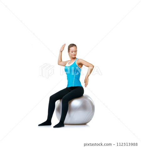 woman, arms or exercise ball in studio mockup space for workout, wellness or mobility for balance. Female athlete training, healthy or fitness pose for back posture or flexibility on white background 112313988