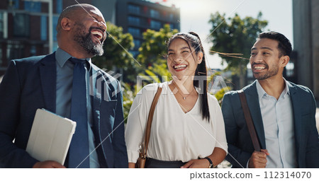 Business people, walking and travel in city with talking on morning commute, partnership and happy. Employees, men and woman with conversation, collaboration and networking outdoor in urban town 112314070