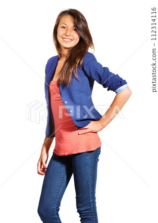 Portrait, fashion and smile with casual woman in studio isolated on white background for style. Attitude, clothes and gen z with happy young person in trendy jeans to model relaxed clothing outfit 112314116