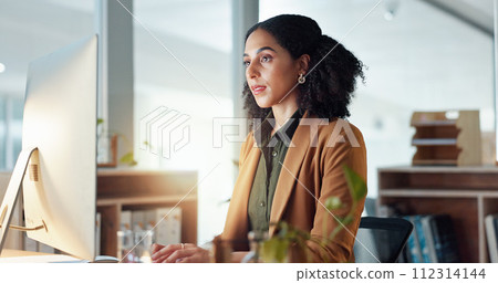 Businesswoman at desk with computer, typing email for research report for article at digital agency. Internet, writing and woman at tech startup with online review, networking or website feedback. 112314144