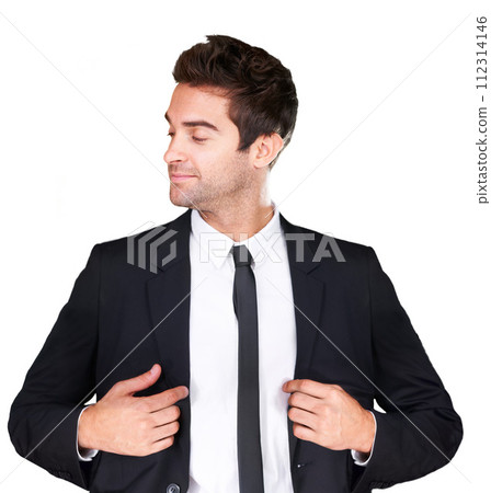 Studio, fashion and man confident in tuxedo choice, formal attire or stylish outfit isolated on white background. Pride, elegance and model with classy outfit, fancy clothes and classic apparel 112314146