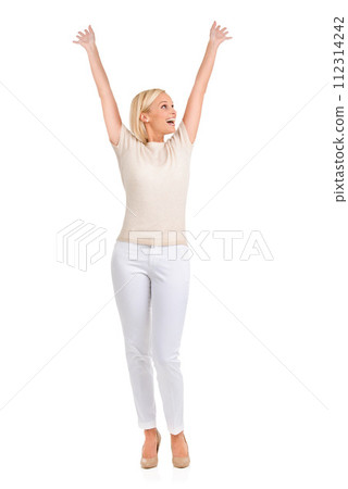 Woman, winner and arms up in studio for success, winning and achievement with fashion, bonus or sale. Excited person in heels and stylish clothes with yes, wow and celebration on a white background 112314242
