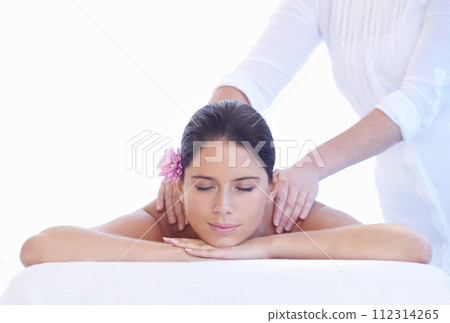 Sleep, massage and woman at spa with flower for health, wellness and luxury holistic treatment. Self care, peace and girl on table with masseuse for body, balance and relax with hotel service 112314265