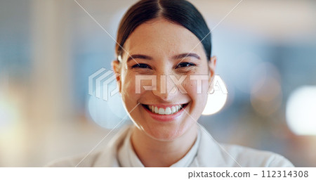 Lab woman, face and scientist happy for clinic confidence, medical innovation or chemist study, trust or investigation. Expert portrait, happiness and laboratory person work on pharmaceutical science 112314308