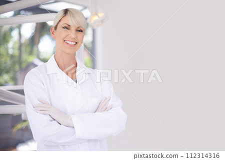 Portrait, dentist and doctor woman in clinic with confidence, expert advice and orthodontics for medical health. Dental medicine, healthcare and professional with pride, arms crossed and oral service Portrait, dentist and doctor woman in clinic with confidence, expert advice and orthodontics for medical health. Dental medicine, healthcare and professional with pride, arms crossed and oral service 112314316