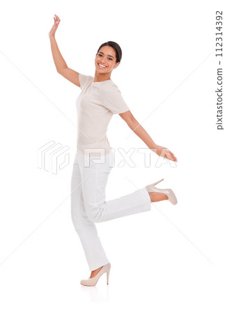 Woman, winner and celebration in studio for success, winning and achievement with fashion, bonus or sale. Portrait of an excited person with heels, yes and stylish clothes on a white background Woman, winner and celebration in studio for success, winning and achievement with fashion, bonus or sale. Portrait of an excited person with heels, yes and stylish clothes on a white background 112314392