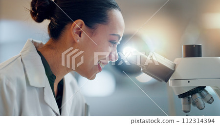 Science, research and happy woman with microscope, technology or biotech data in laboratory. Medical innovation, scientist or lab technician in study in healthcare, medicine or pharmaceutical future 112314394