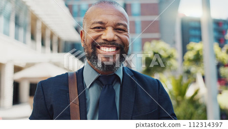 Smile, face and mature businessman in the city with positive, good and confident attitude. Happy, portrait and professional African male lawyer with legal career standing in urban town street. 112314397