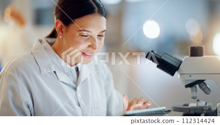 Scientist, woman and tablet, microscope or laboratory research for DNA analysis and happy with medical study. Student or science expert in biotechnology with digital software and lens check for data 112314424