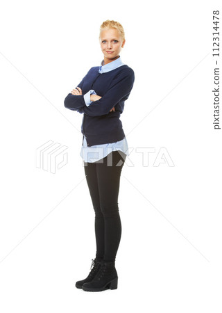 Fashion, portrait and woman with arms crossed in studio isolated on a white background mockup space. Model, blonde student and person with confidence in casual clothes for style in Sweden on backdrop Fashion, portrait and woman with arms crossed in studio isolated on a white background mockup space. Model, blonde student and person with confidence in casual clothes for style in Sweden on backdrop 112314478