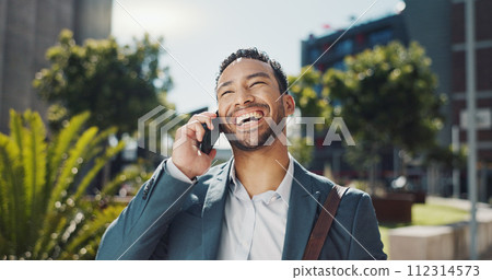 Phone call, smile and businessman commuting in city to work with communication for legal deal. Happy, talking and professional male attorney on mobile conversation for law case walking in urban town. 112314573