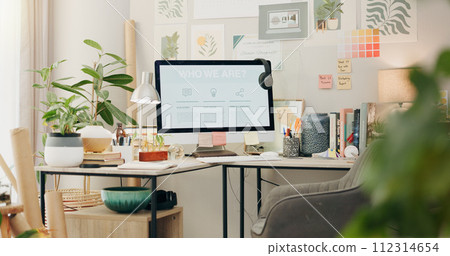 Empty, workspace and a computer in a home office for remote work, business or design of desk. Working, creative and a table with a pc and setup for a freelance career or entrepreneurship from a house Empty, workspace and a computer in a home office for remote work, business or design of desk. Working, creative and a table with a pc and setup for a freelance career or entrepreneurship from a house 112314654