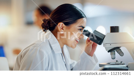 Science, research and happy woman with microscope, technology or biotech data in laboratory. Medical innovation, scientist or lab technician in study in healthcare, medicine or pharmaceutical future Science, research and happy woman with microscope, technology or biotech data in laboratory. Medical innovation, scientist or lab technician in study in healthcare, medicine or pharmaceutical future 112314661