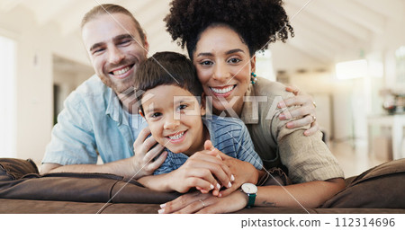 Face, happy and family in home living room, bonding and having fun together. Smile, children and portrait of parents in lounge with father and African mother enjoying quality time on sofa in house. 112314696