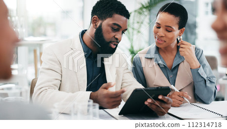 Business people, meeting or group with a tablet, teamwork or conversation with cooperation, budget planning or collaboration. Staff, manager or employee with tech, productivity, finance or accounting Business people, meeting or group with a tablet, teamwork or conversation with cooperation, budget planning or collaboration. Staff, manager or employee with tech, productivity, finance or accounting 112314718