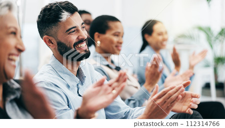 Happy business people, man and group with applause in seminar, tradeshow and achievement of success. Face, employees and crowd clapping to celebrate workshop, praise and winning award at conference 112314766