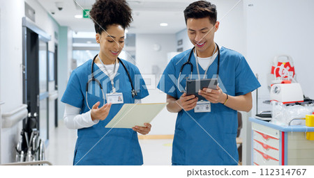 Hospital, nurse and people with tablet in discussion with analysis of results and health report in clinic. Healthcare, teamwork and medical students with tech for diagnosis, research or collaboration Hospital, nurse and people with tablet in discussion with analysis of results and health report in clinic. Healthcare, teamwork and medical students with tech for diagnosis, research or collaboration 112314767