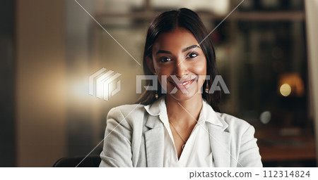 Happy, night and face of professional woman, office consultant or lawyer happy for overtime work, commitment or career. Pride, corporate portrait and Indian person working late in company law firm Happy, night and face of professional woman, office consultant or lawyer happy for overtime work, commitment or career. Pride, corporate portrait and Indian person working late in company law firm 112314824