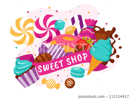 Sweet Shop Vector Illustration with Selling Various Bakery Products, Cupcake, Cake, Pastry or Candy in Flat Cartoon Background Design 112314917