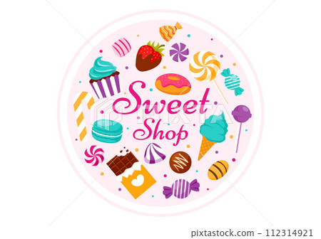 Sweet Shop Vector Illustration with Selling Various Bakery Products, Cupcake, Cake, Pastry or Candy in Flat Cartoon Background Design 112314921