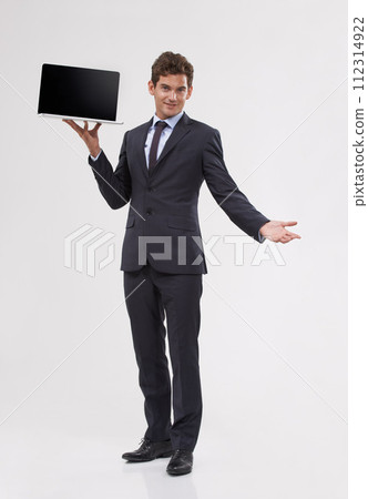 Portrait, screen or man holding laptop, business or entrepreneur on white studio background. Face, person or model with tech, internet or computer with presentation or showing with email notification Portrait, screen or man holding laptop, business or entrepreneur on white studio background. Face, person or model with tech, internet or computer with presentation or showing with email notification 112314922