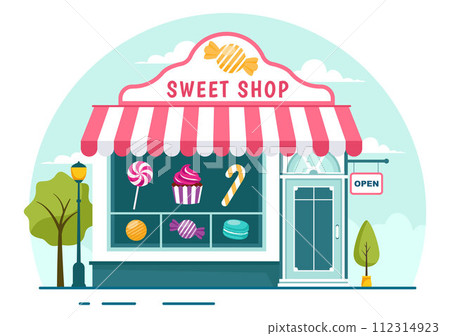 Sweet Shop Vector Illustration with Selling Various Bakery Products, Cupcake, Cake, Pastry or Candy in Flat Cartoon Background Design Sweet Shop Vector Illustration with Selling Various Bakery Products, Cupcake, Cake, Pastry or Candy in Flat Cartoon Background Design 112314923