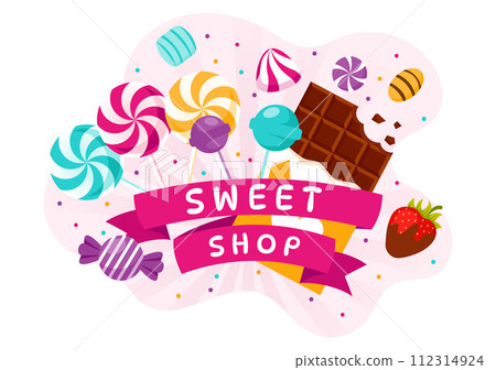 Sweet Shop Vector Illustration with Selling Various Bakery Products, Cupcake, Cake, Pastry or Candy in Flat Cartoon Background Design Sweet Shop Vector Illustration with Selling Various Bakery Products, Cupcake, Cake, Pastry or Candy in Flat Cartoon Background Design 112314924