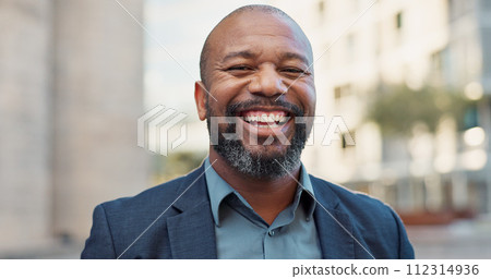 Face, business and laughing black man in city outdoor in the morning on lens flare. Portrait, happy and professional lawyer in town, attorney and funny employee working in South Africa for career 112314936