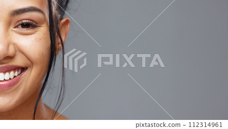 Happy woman, face and teeth on mockup for dental, beauty or hygiene against a grey studio background. Portrait of female person or model big smile for skincare cosmetics, oral or mouth and gum care 112314961