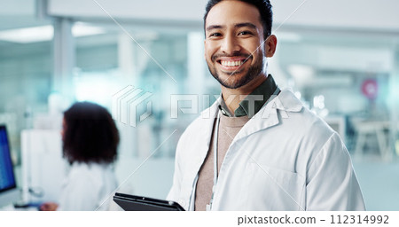 Man, face and scientist with tablet in laboratory and online research of genetics specialist in healthcare. Asian doctor, portrait and happy at work in pharmaceutical career and working on innovation Man, face and scientist with tablet in laboratory and online research of genetics specialist in healthcare. Asian doctor, portrait and happy at work in pharmaceutical career and working on innovation 112314992
