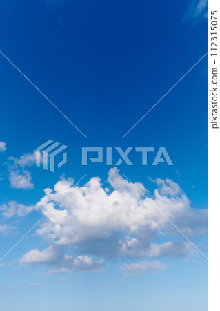 Blue sky, cloud and mockup space with nature, weather or outdoor climate of natural scenery in the air. Clean ozone, view or skyline of heaven, condensation or clear cloudy day in the atmosphere 112315075