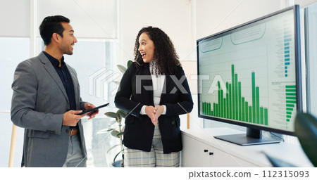 Business people, teamwork and computer screen for data analysis and finance growth, revenue proposal or sales report. Analyst, manager and clients presentation of graphs and statistics on a monitor 112315093