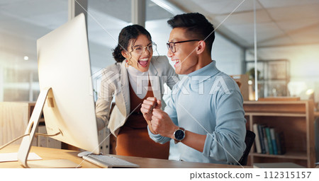 Wow, happy and business people with success in teamwork, collaboration or support for achievement in office. Employees, winning and celebration together for feedback on project goals or target Wow, happy and business people with success in teamwork, collaboration or support for achievement in office. Employees, winning and celebration together for feedback on project goals or target 112315157