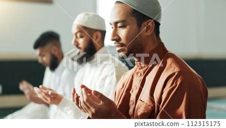 Islamic, praying and men in a Mosque for spiritual religion together as a group to worship Allah in Ramadan. Muslim, Arabic and holy people with peace or respect for gratitude, trust and hope Islamic, praying and men in a Mosque for spiritual religion together as a group to worship Allah in Ramadan. Muslim, Arabic and holy people with peace or respect for gratitude, trust and hope 112315175
