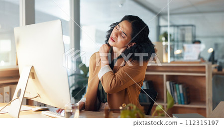 Woman, neck and hand is sore, office and ache or cramp, laptop and business or pain. Businesswoman, injury and entrepreneur of startup, massage and arthritis or frustrated, fatigue and workplace Woman, neck and hand is sore, office and ache or cramp, laptop and business or pain. Businesswoman, injury and entrepreneur of startup, massage and arthritis or frustrated, fatigue and workplace 112315197