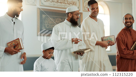Islam, smile and group of men in mosque with child, mindfulness and gratitude in faith. Worship, religion and Muslim people together in holy temple for conversation, spiritual teaching and community. 112315220