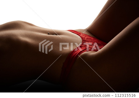 Art nude. Naked body, sexy girl red panties on white background 112315516