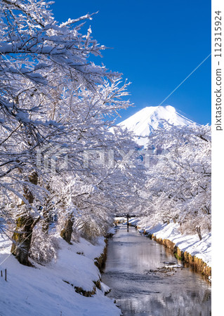 [山梨縣] 冬天的富士山、忍野村新那莊川的雪景 112315924